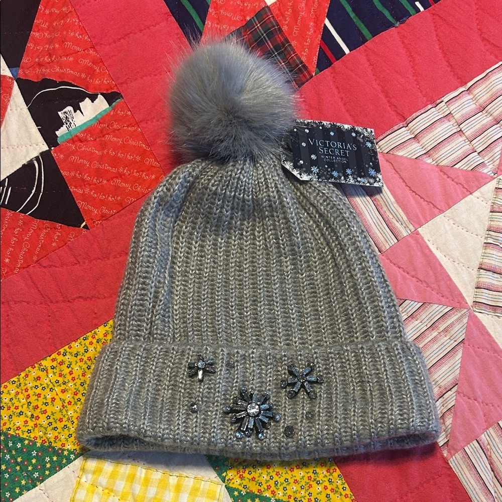 Victoria's Secret Gray Knit Pom Beanie with Floral Jewel Accents